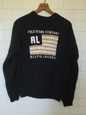 Ralph Lauren Black Crewneck Sweater with RL Flag Graphic